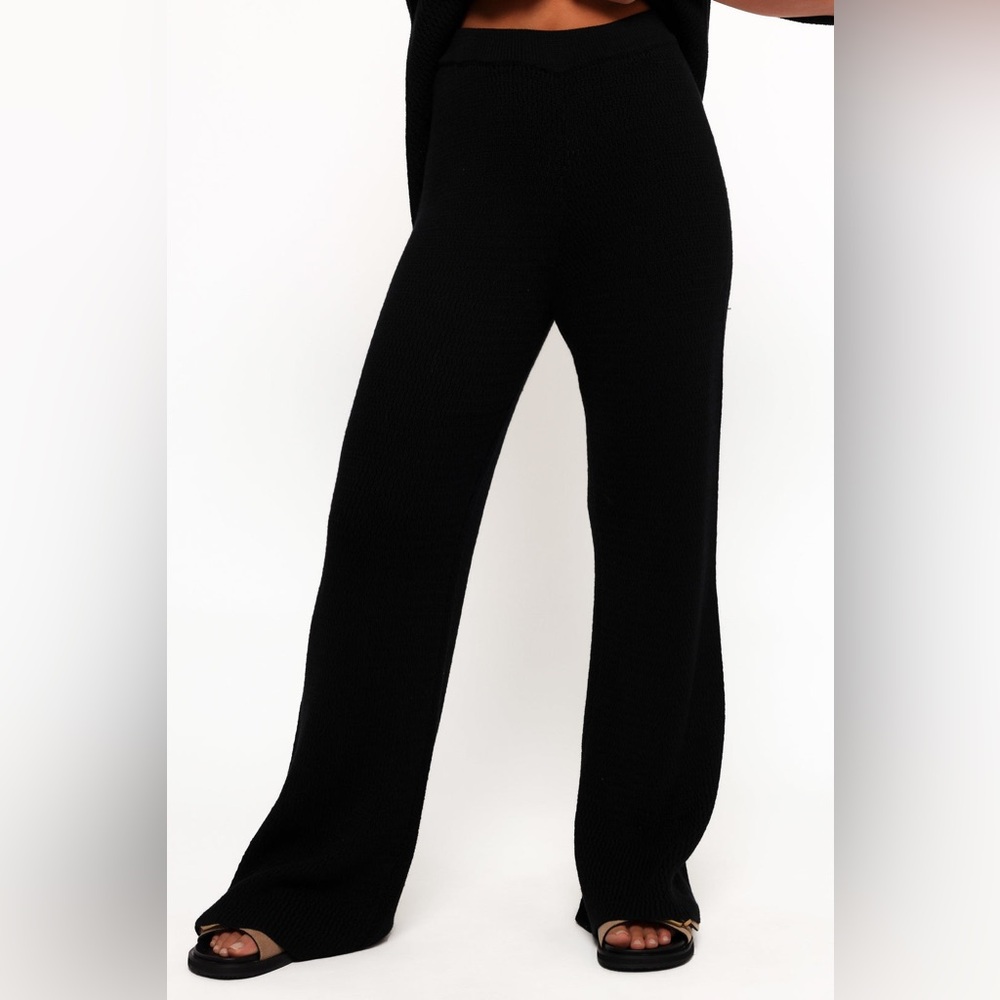 Women’s Black Knit Wide Leg Pants – High Waist Stretch Lounge Trousers